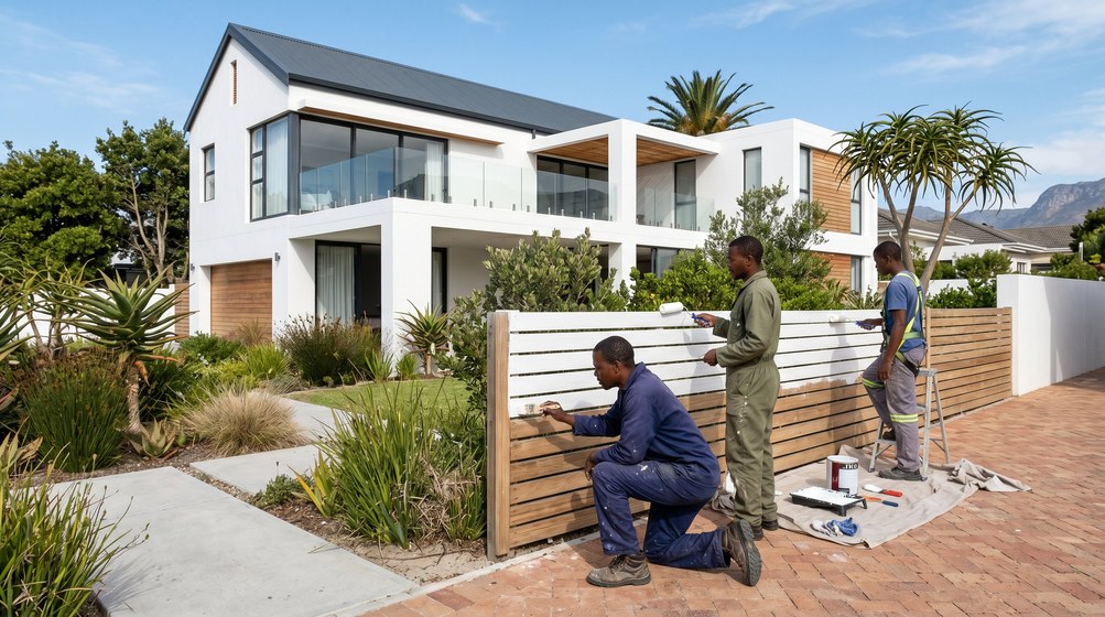 Professional fence painters painting a wooden fence at a coastal home in Royal Ascot