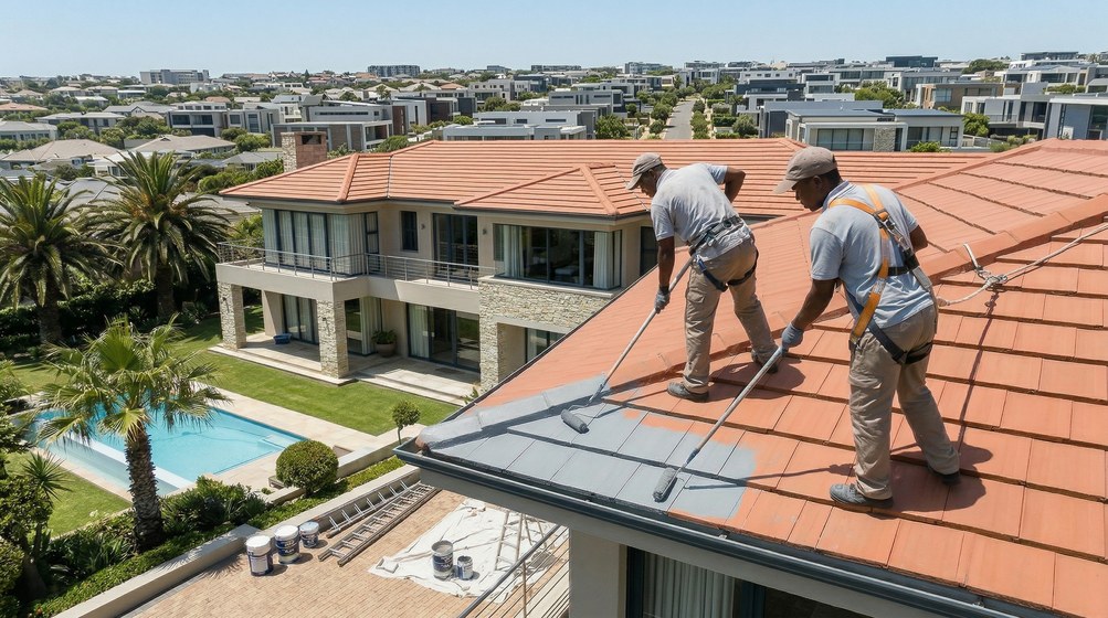 Professional roof painters applying waterproof coating to tiled roof in Royal Ascot