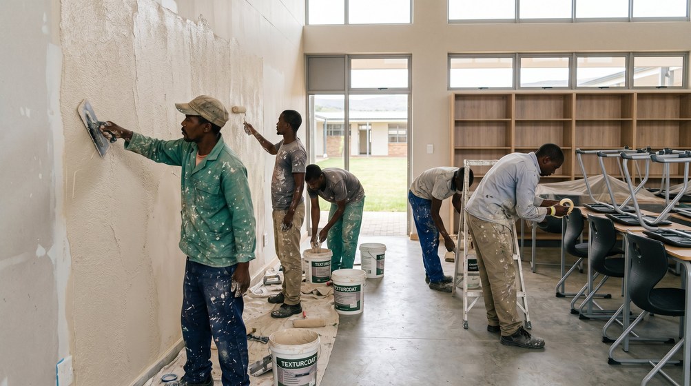 Professional texture coating team applying Texturcoat to interior walls in Royal Ascot