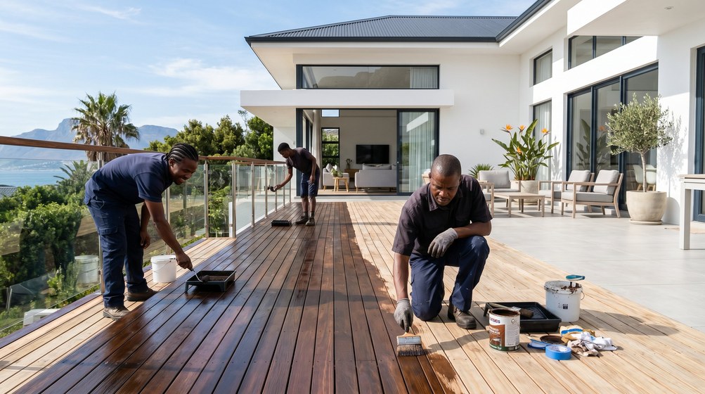 Professional wood staining team applying deck stain overlooking the ocean in Royal Ascot